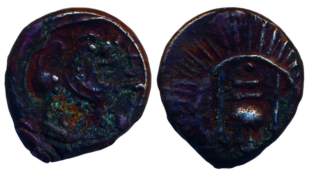 Vishnukundin, Copper, 10.12 g, a conch shell on obv, a fierce lion to right on rev. Little