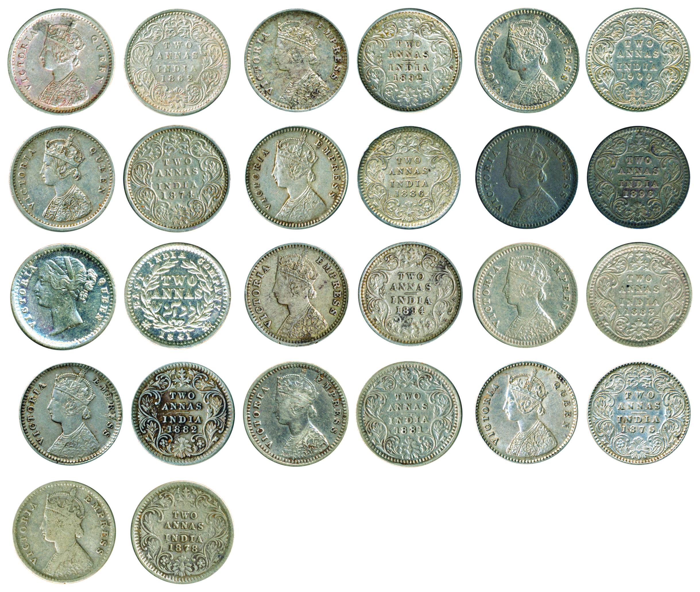 Victoria Queen/Empress, Silver, 2 Annas (13), 1841 (DL) MM, 1862 BM, 1874 BM, 1875 CM, 187