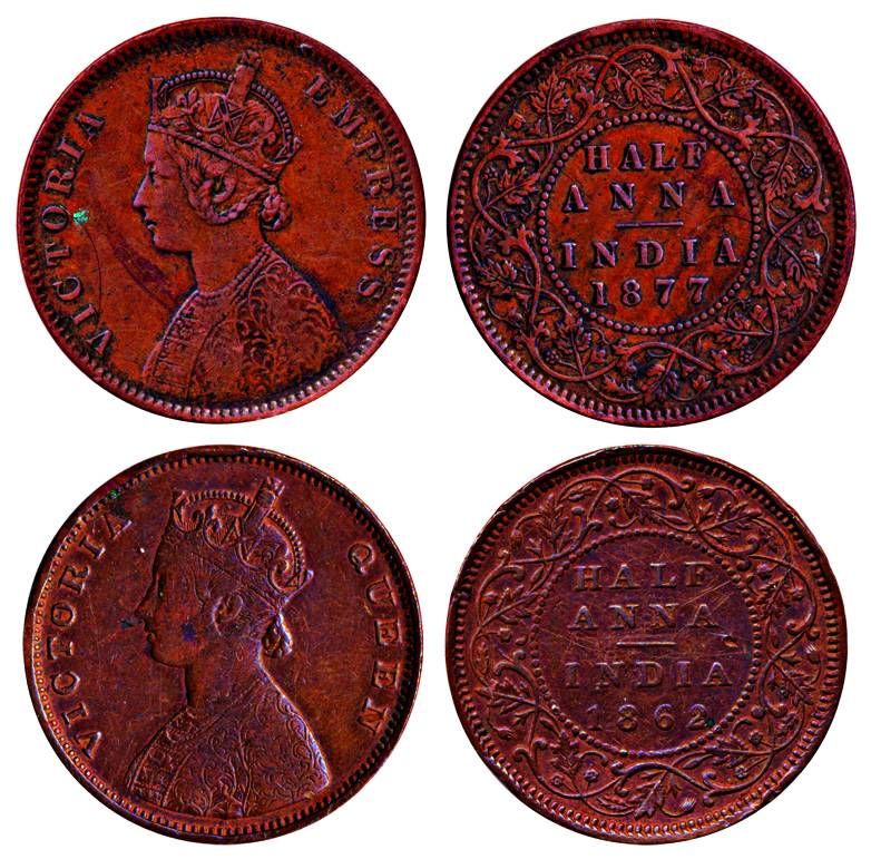 Victoria Queen/ Empress, Copper ½ Anna, Madras Mint, 1862, Bust ' A ' and Calcutta Mint, 1