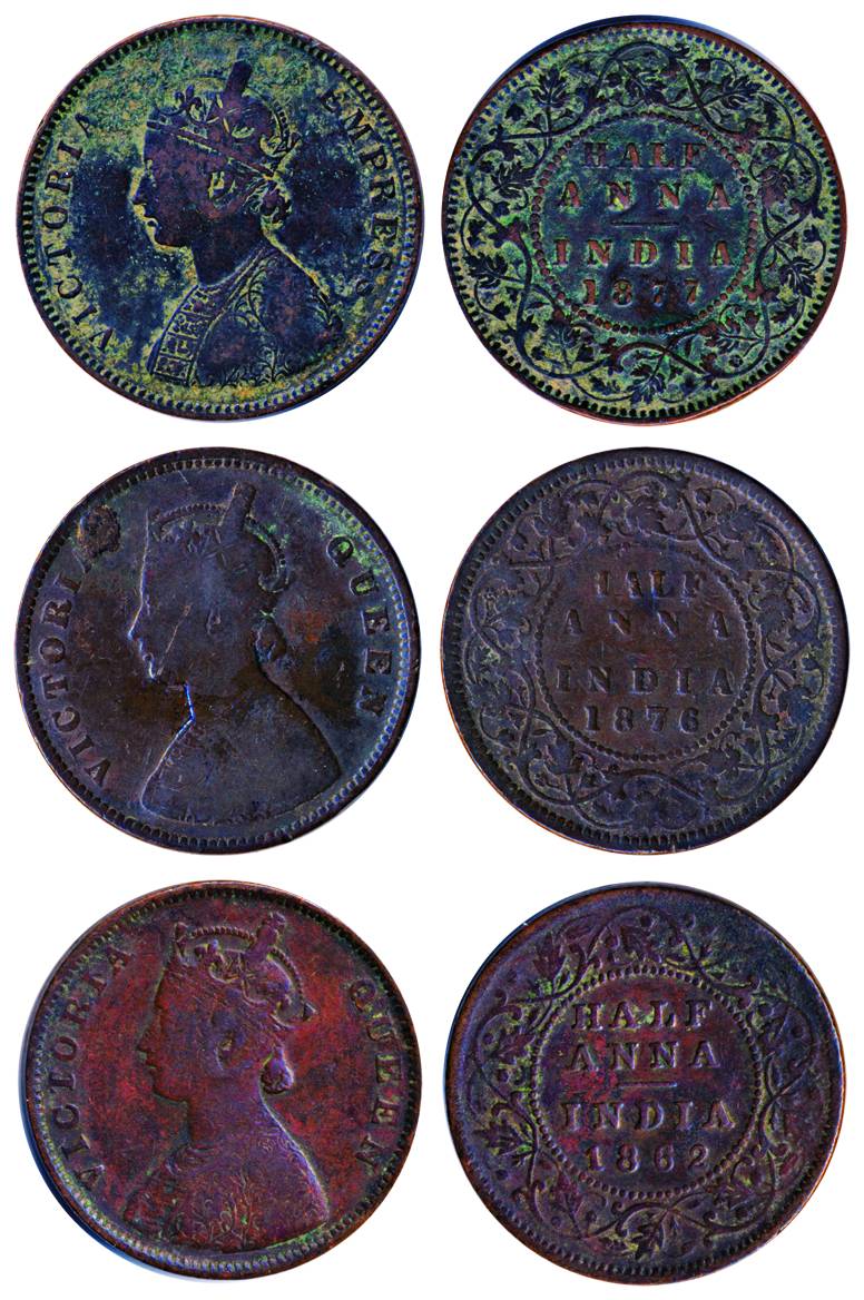 Victoria Queen/Empress, Copper ½ Anna (3), 1862, 1876, 1877, Rare as a Set, Fine to about 