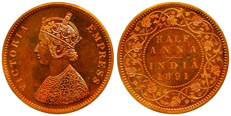 Victoria Empress, Copper ½ Anna, Proof, 1891, Bust 'B' choice Mint State. Proof Re-strike,
