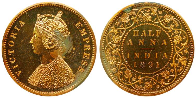 Victoria Empress, Copper, ½ Anna Proof, 1891. With original paper envelop of the Mint, Res
