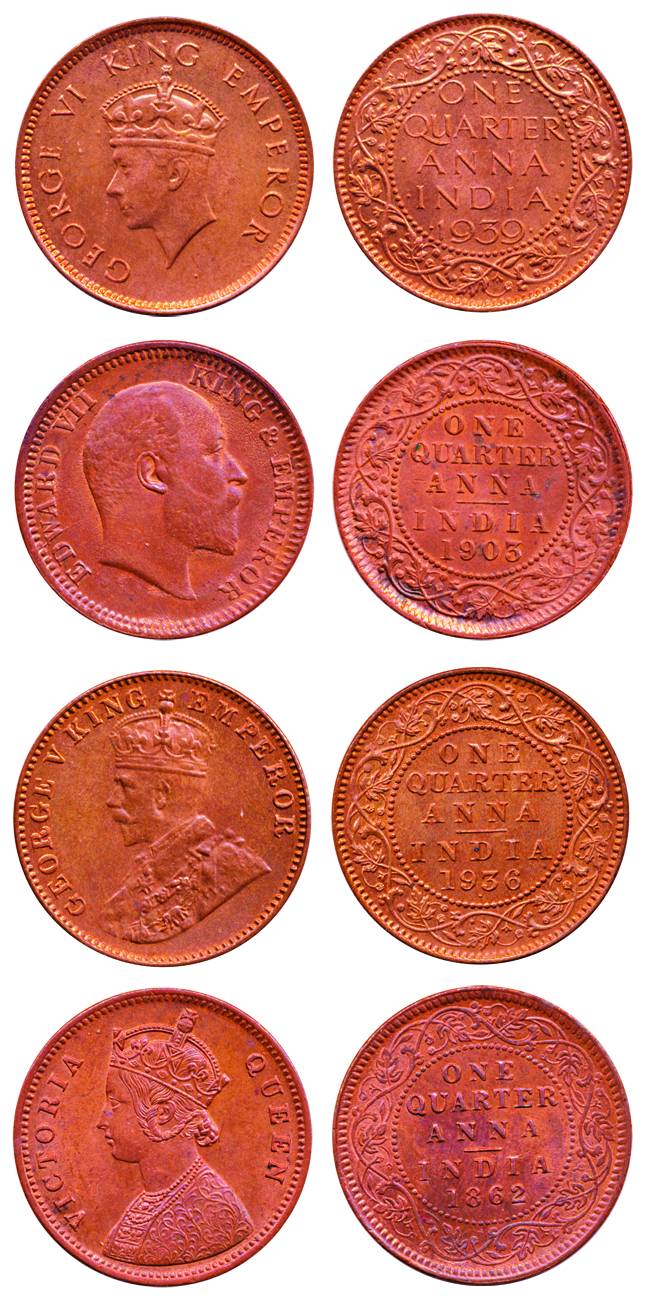 Copper (4), ¼ Anna, Victoria Queen, 1862; Edward VII, 1903; George V, 1936, and George VI,