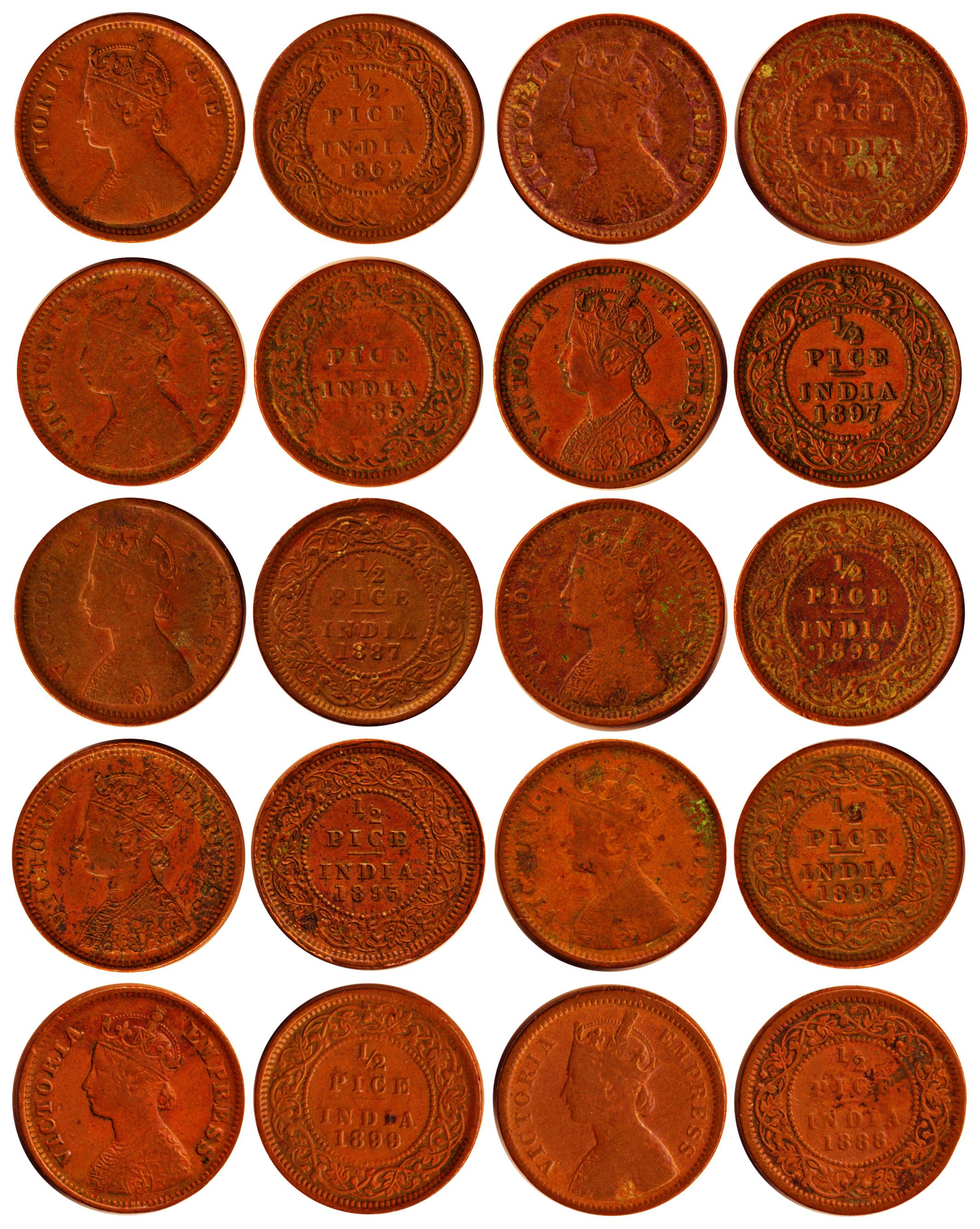 Victoria Queen/Empress, Copper ½ Pice (10), 1862, 1885, 1887, 1888, 1892, 1893, 1895, 1897