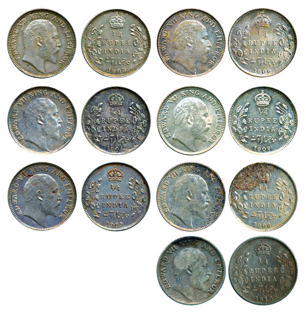 Edward VII, Silver ¼ Rupee (7), Calcutta Mint, 1903, 1904, 1905, 1906, 1907, 1908, Bombay 