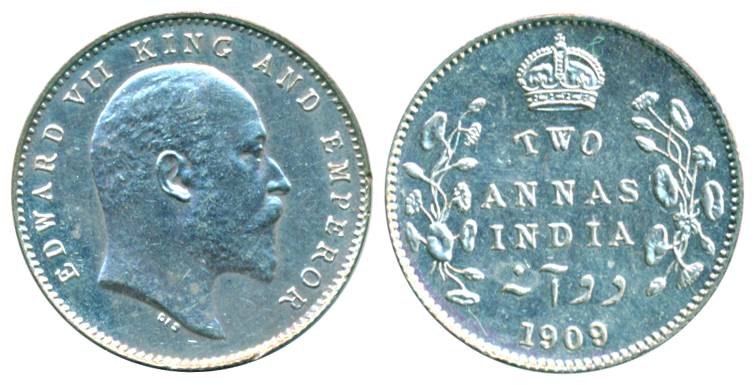Edward VII, Silver, 2 Annas, Calcutta Mint, 1909, Very Rare, Almost UNC, Pridmore#562