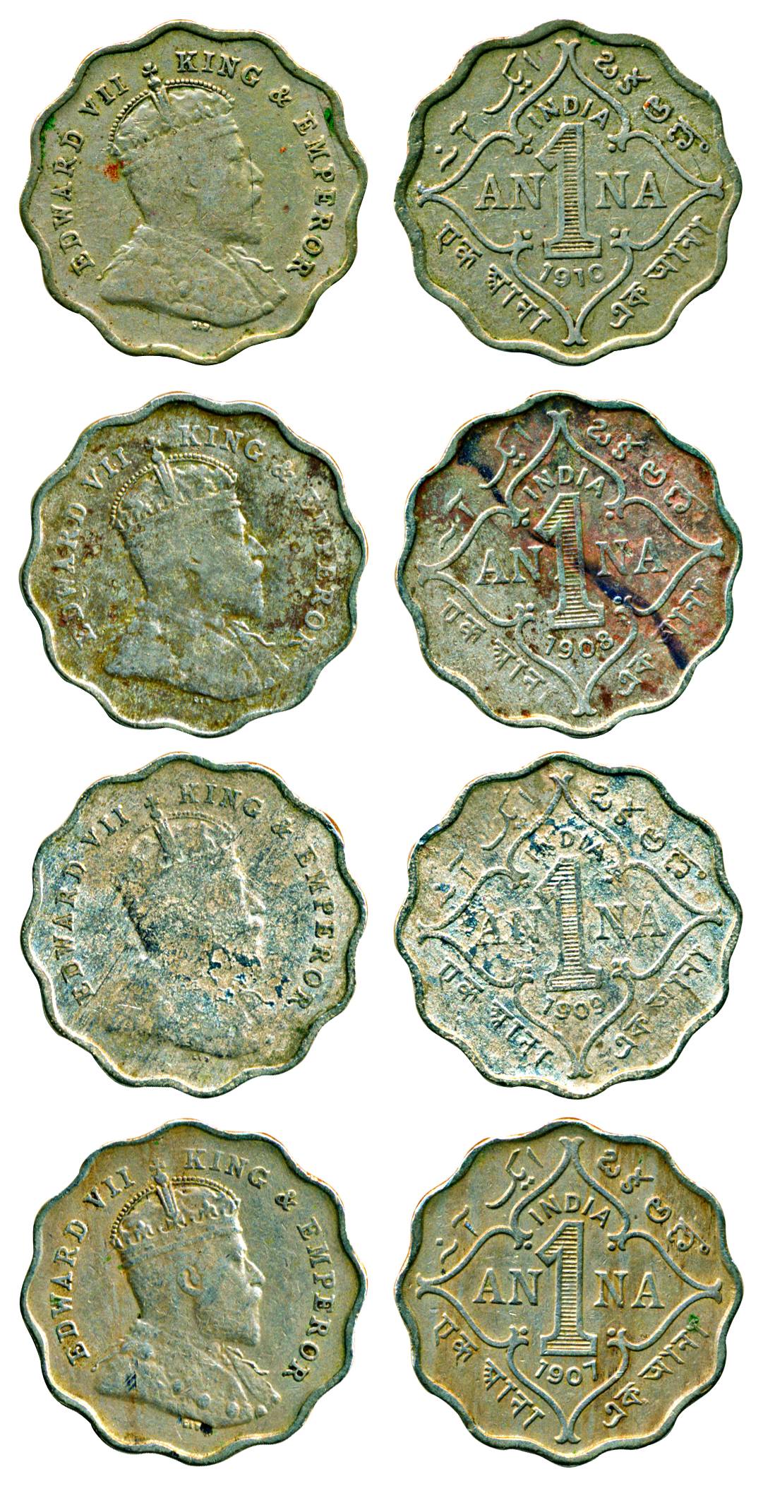 Edward VII, Cupro-Nickel, 1 Anna (4), Bombay Mint, 1907, 1908, 1909 and 1910, Rare as a se