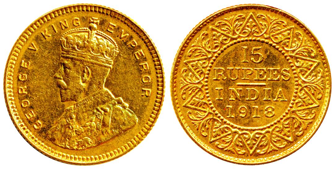 George V, Gold 15 Rupees, Bombay Mint 1918, Reverse design: As the Victorian Ten Rupees of