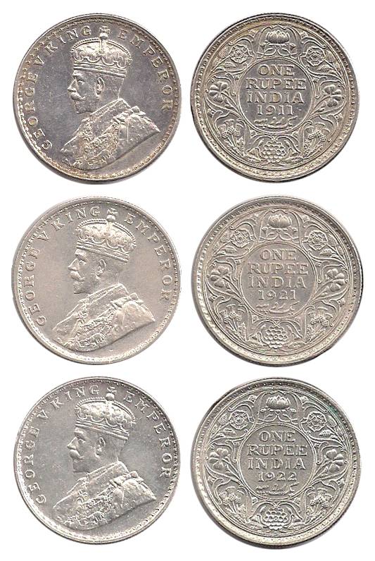 George V, Silver Rupee (3), Bombay Mint, 1911 Pig Type, 1921 and 1922, With dots, Rare, Ex