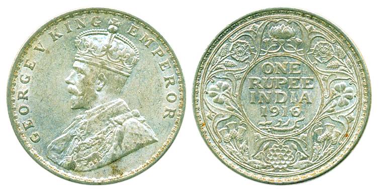 George V, Silver, Rupee, 1916, Over-date type with the undertype of the unit figure probab