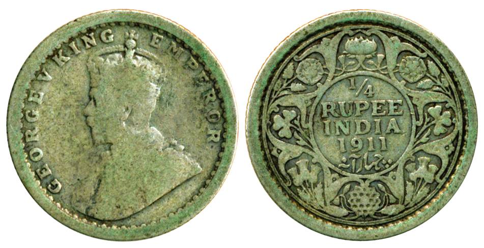 George V, Silver, ¼ Rupee, Calcutta Mint, 1911, no dot, Rare, Very Good, Pridmore#440