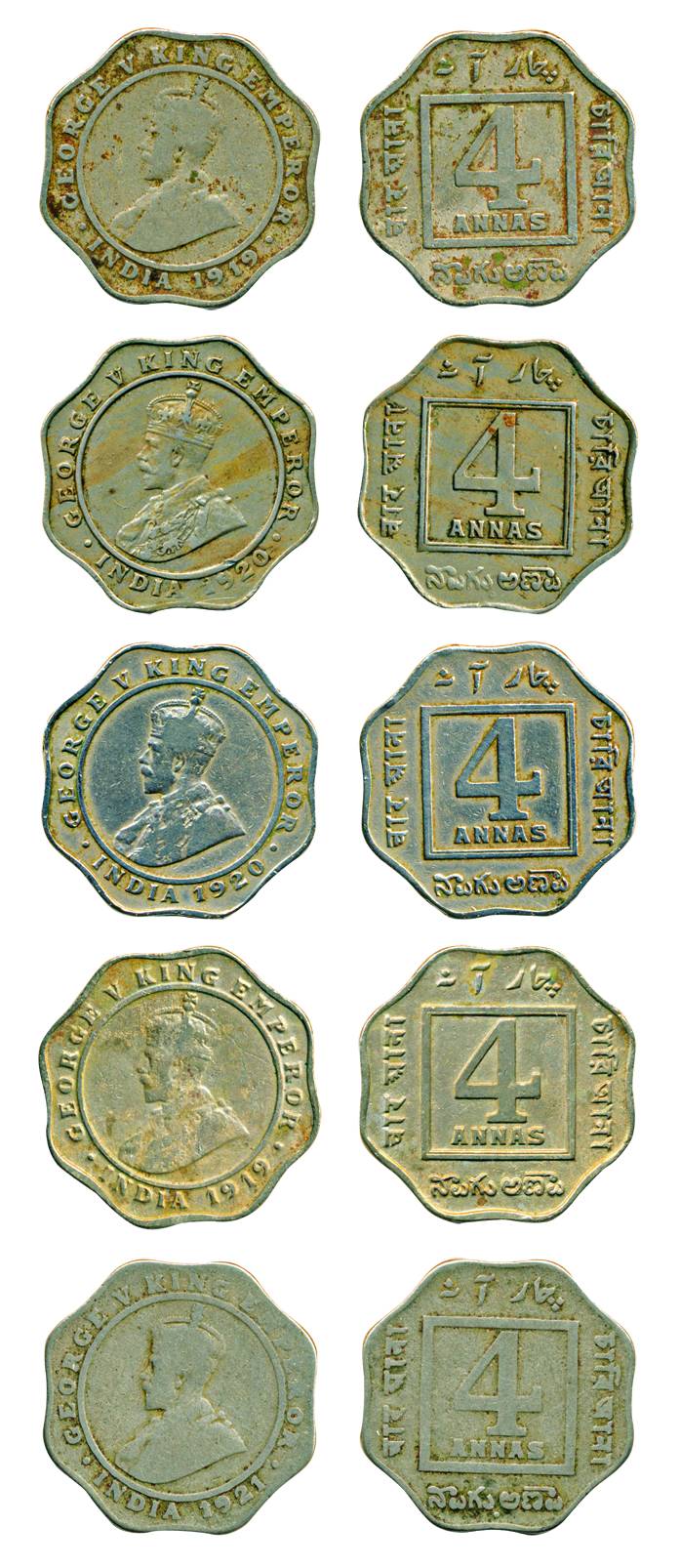 George V, Cupro-Nickel, 4 Annas (5), 1919 CM(2), 1920 CM, 1920 BM, 1921 BM, Scarce as a se