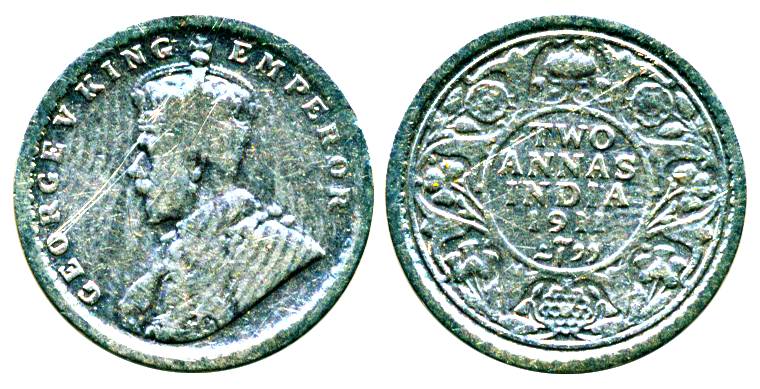 George V, Silver, 2 Annas, Calcutta Mint, 1911, no mm, Pig type, Rare, Fine +, Pridmore# 5