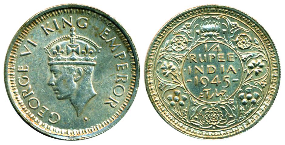 George VI, Silver ¼ Rupee, Bombay Mint, 1945, dot, Large '5', Rare, Very Fine+ , Pridmore#