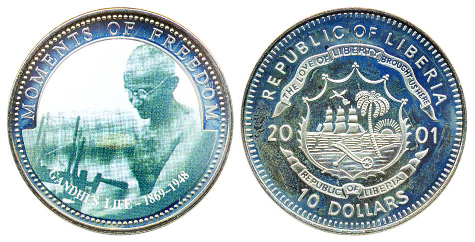 Liberia, Silver, 10 Dollars, 2001, Commemorative issue of Moments of Freedom, with the por