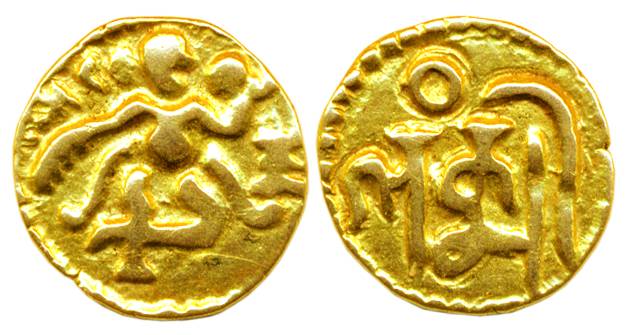 Lanka, Gold, 1.07 g, Chola-type figure on obv, Nagari Laxmi legend on rev. Very Fine, Scar