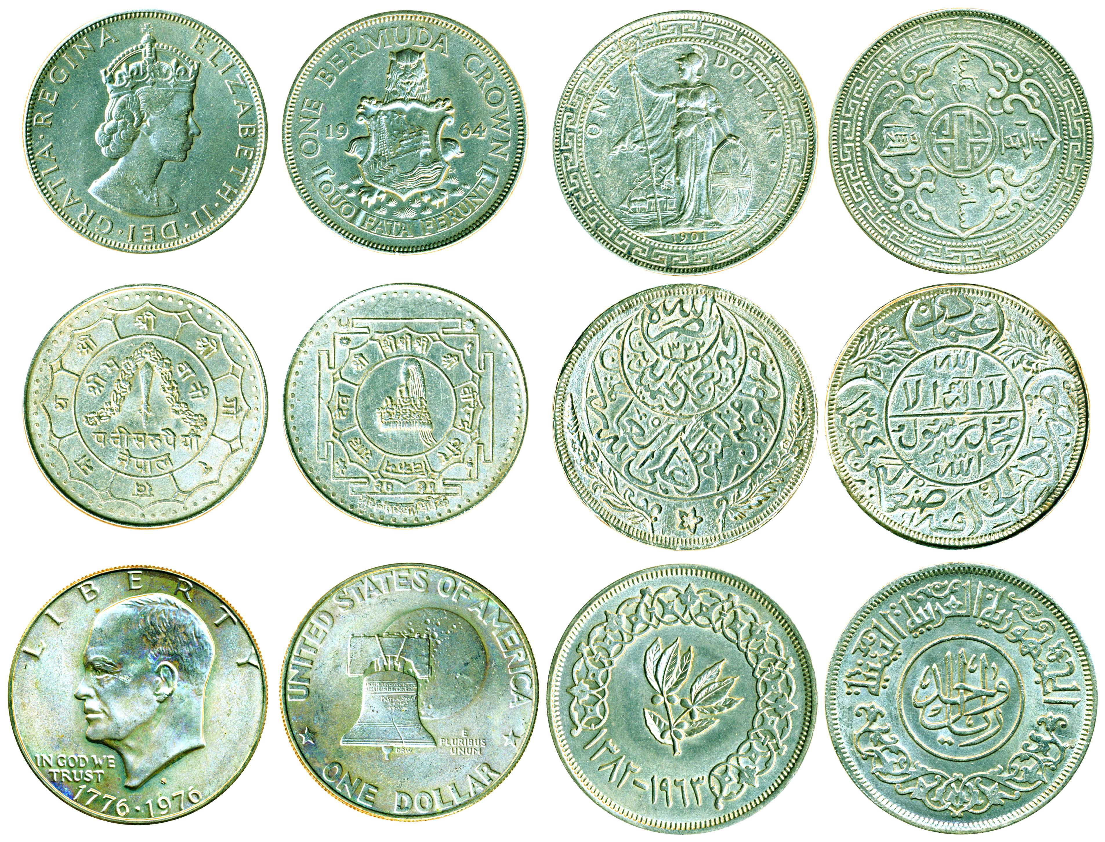 Assorted lot of 5 different countries, Silver (5), Nickel(1), Yemen (2), Bermuda, Malayasi