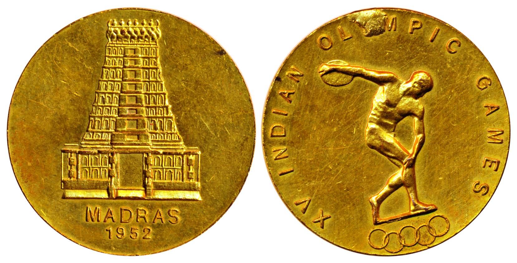 Indian Olympic Medal, Copper, with Gold Guilt, entrance of a south Indian Pagoda with MADR