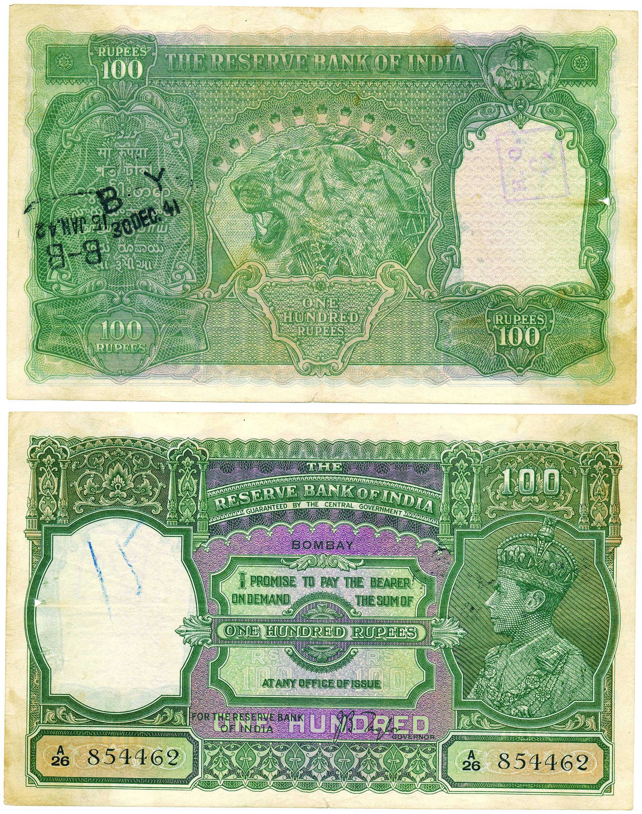 George VI, 100 Rupees, Bombay circle of issue, Signed by J B Taylor, Prefix A26, profile H
