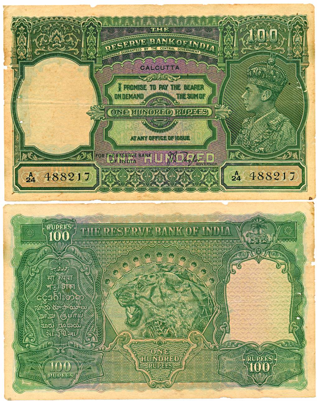 George VI, 100 Rupees, Calcutta circle of issue, Signed by J B Taylor, Prefix A24, profile