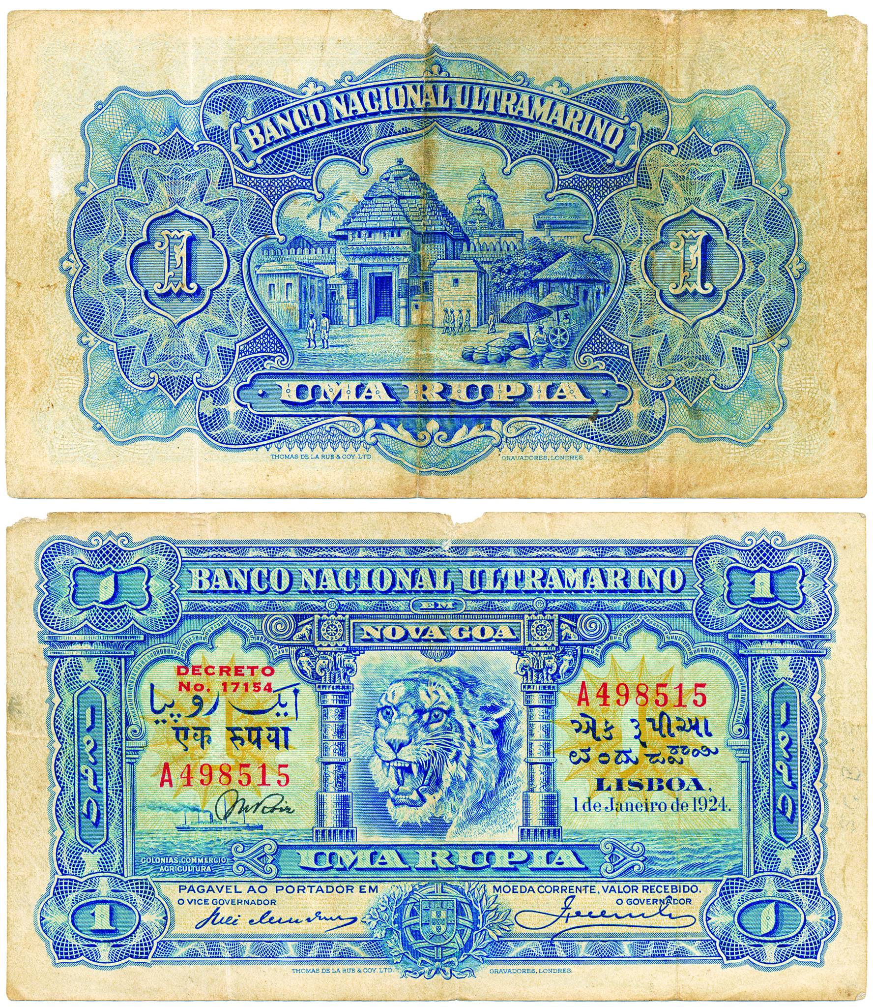 Banco Nacional Ultramarino series, 1 Rupia, 4th issue of 1929, Type 21, printed by Thomas 