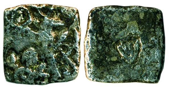Punch-marked coins, Pandyas, Silver, 1.22 g, ½ Karshapana, five-symbol type, the sixth sym