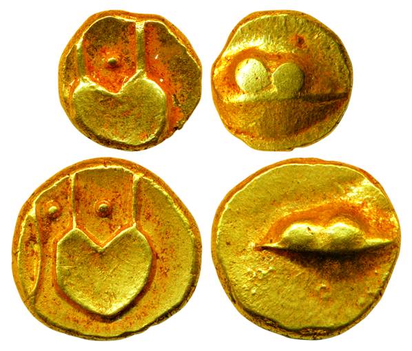 Anonymous, Gold (2), 3.37 and 1.70 g, Hudki Pagoda and Hudki ½ Pagoda, the so-called genit