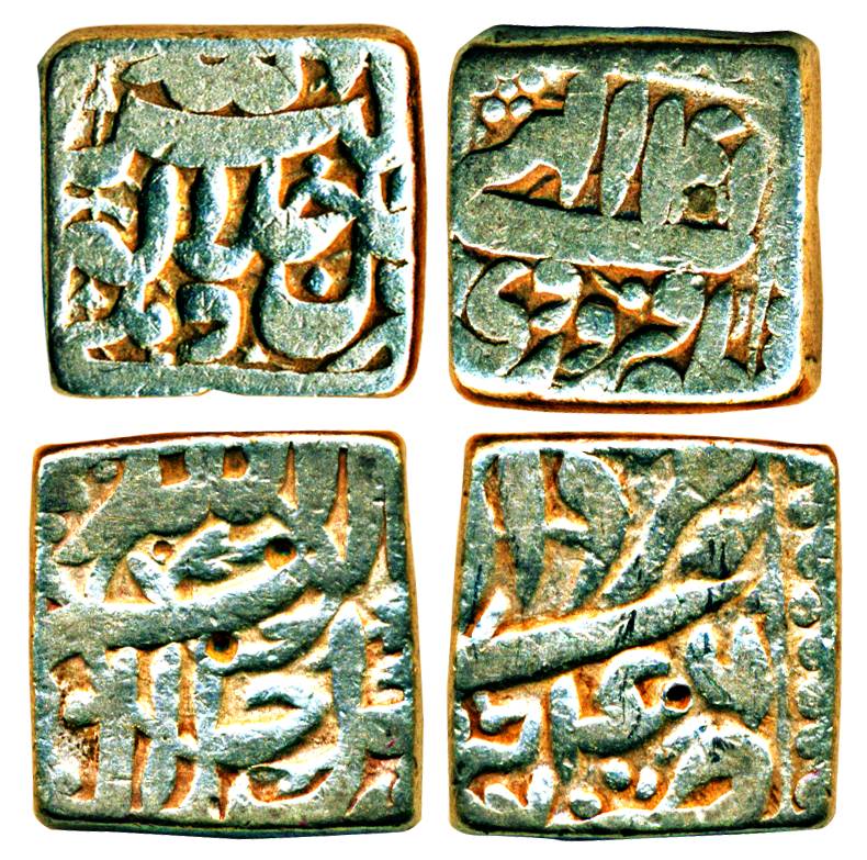 Akbar, Silver (2), Square Rupee, Delhi Mint, Farwardi Month; Tatta? Mint, Amardad Month. V