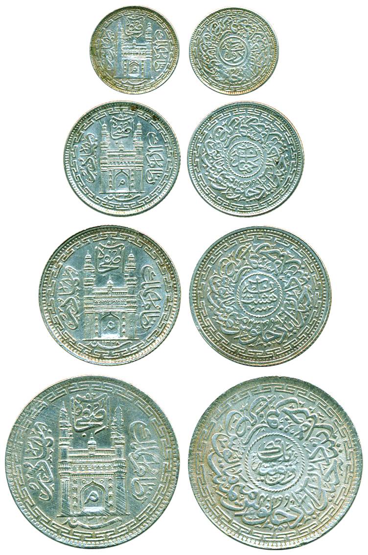 Mir Mehbub Ali Khan, Silver (4), Set of 4 denominations: 1 Rupee, ½ Rupee, 8 Annas and 4 A
