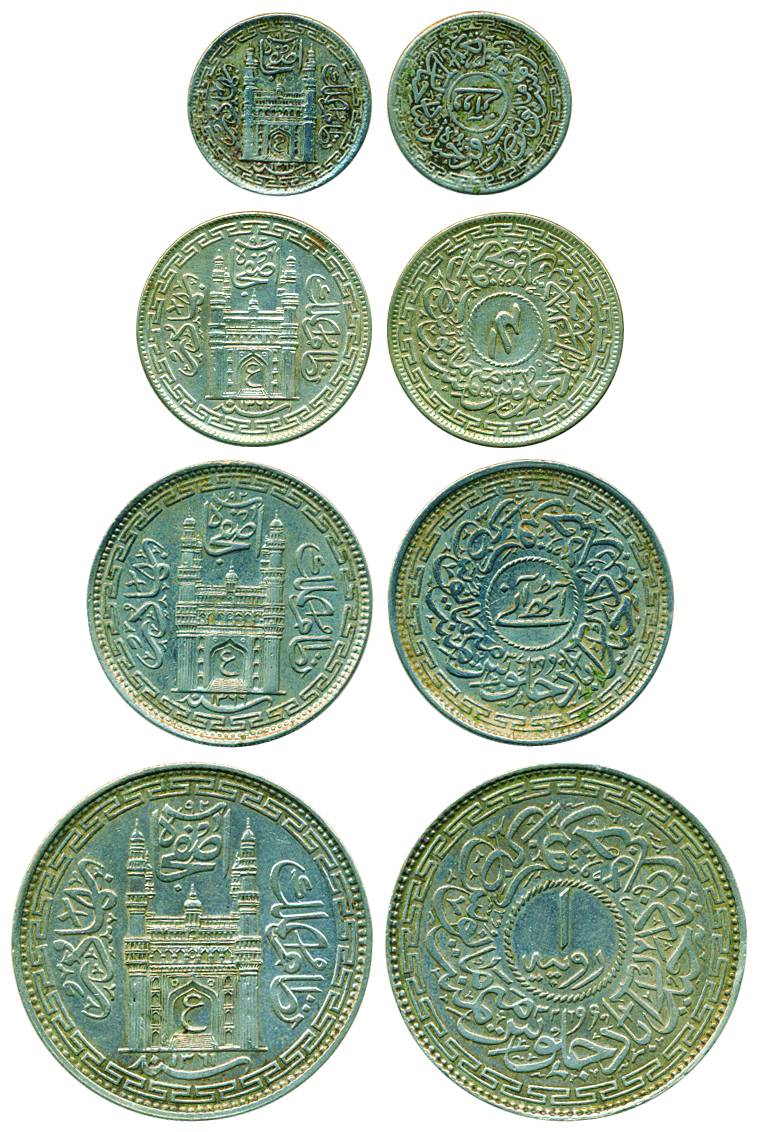 Mir Usman Ali Khan, Silver (4), Set of 4 denominations: 1 Rupee, ½ Rupee, 8 Annas and 4 An
