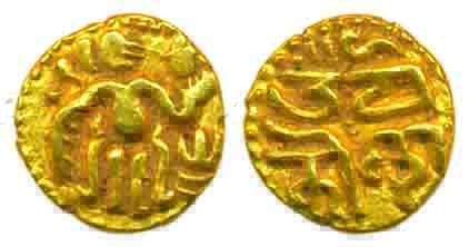 Cholas, Raja Raja I, AD 985-1014, Gold, 0.74 g, Fanam, obv. king standing looking right, r