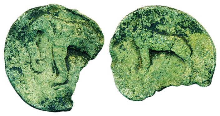 Sangam Cholas, Lead, 9.30 g, an elephant standing to left on obv, a tiger standing to left