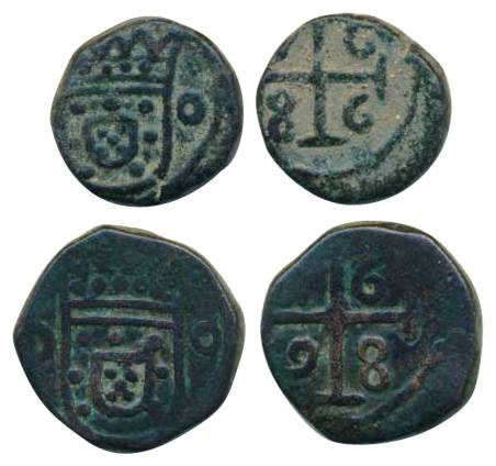 Diu, Copper (2), ½ Atia, 1698 and 1686, date in the Cross on obv, Crown on rev. Very Fine+