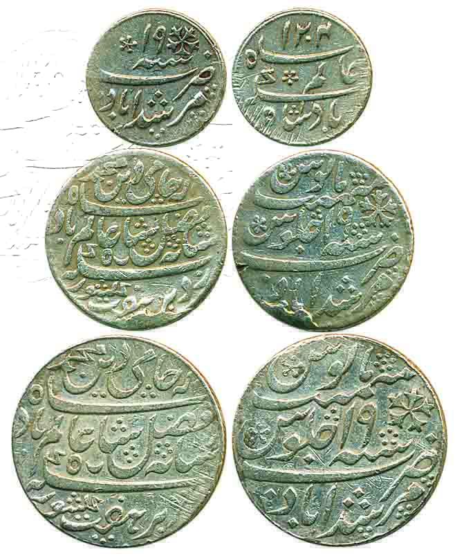 Murshidabad mint, Silver (3), Rupee, ½ and ¼ Rupee, in the name of Shah Alam II, RY 19, mi