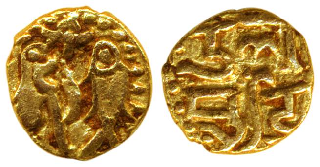 Cholas, Gold,0.19 g,Kullotunga III(12th Century)Tiger and fish royal emblem of cholas on o