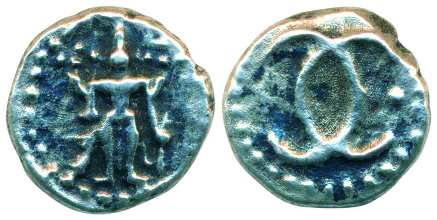 Silver, 0.74 g, Vishnu ½ Fanam, AD 1765-1807), Lord Vishnu standing, facing front on obv, 