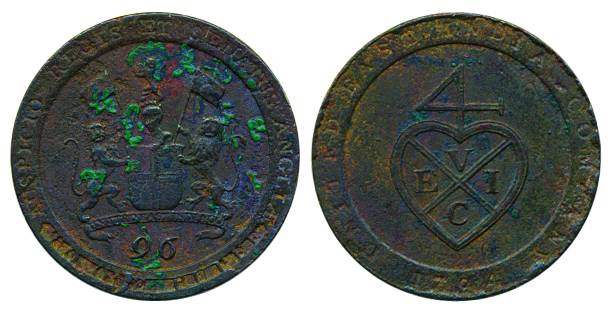 Copper, 1/96 Rupee, 1794, inscribed edge, arms on obv, bale mark on rev, inverted axis, So