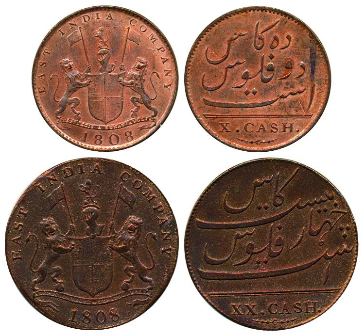 Copper (2), 20 Cash and 10Cash, 1808, plain edge, Arms of the Company on obv, Persian lege