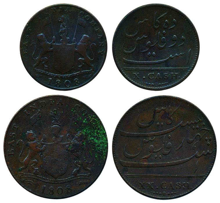 Copper (2), 20 Cash and 10 Cash, 1808, plain edge, Arms of the Company on obv, Persian leg
