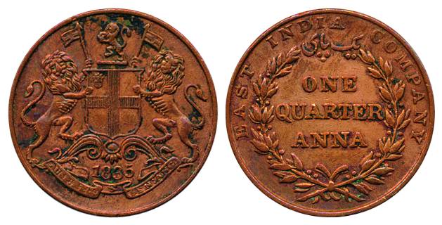 Copper, ¼ Anna, Madras mint, 1835, 18 berries, slanting top to numeral 1, 180 degrees inve