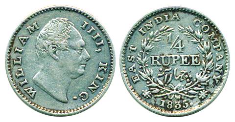 William IV, Silver, ¼ Rupee, Calcutta mint, 1835, F raised, 18 berries (Pridmore# 91). Ver