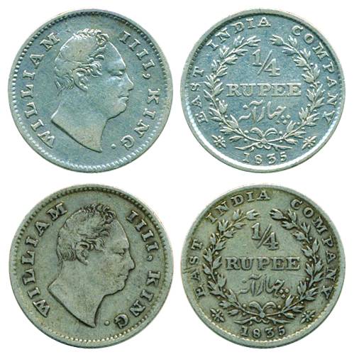 William IV, Silver, ¼ Rupee (2), Bombay mint, 1835, no initials, 20 berries (Pridmore# 96)