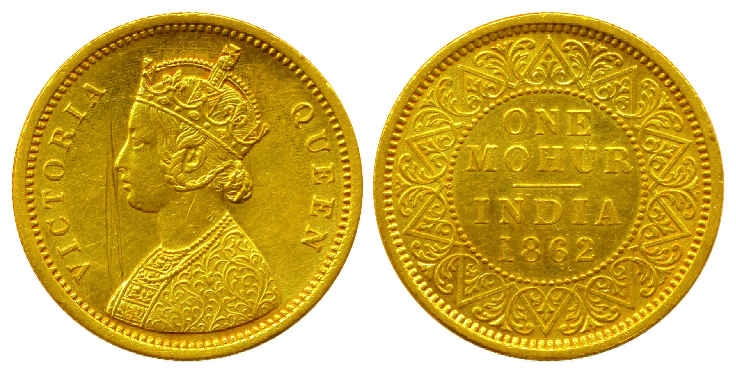 Victoria Queen, Gold, 11.66 g, Mohur, 1862, Calcutta Mint, single flower in bottom panel o