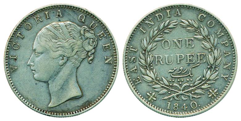 Victoria Queen, Continous legend, Silver, Rupee, 1840, Calcutta mint, English Head (Short 