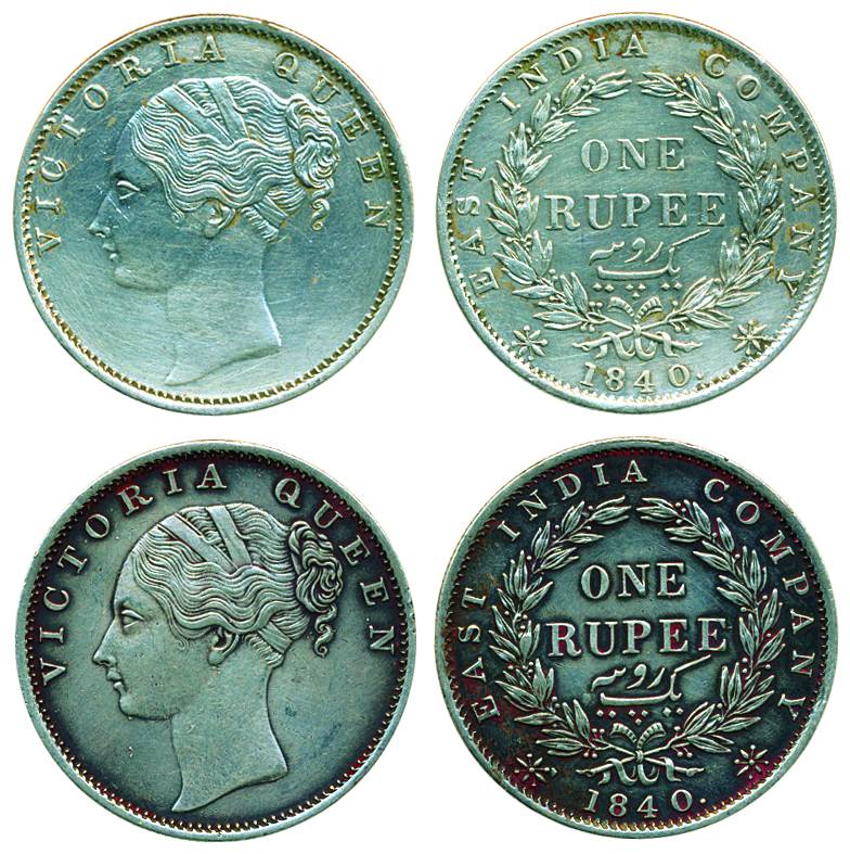 Victoria Queen, Continous legend, Silver (2), Rupee, 1840, Calcutta mint, English Head, co
