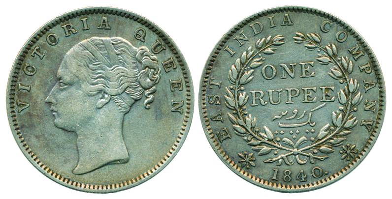 Victoria Queen, Continous legend, Silver, Rupee, Madras mint, 1840, S incused, 19 berries 