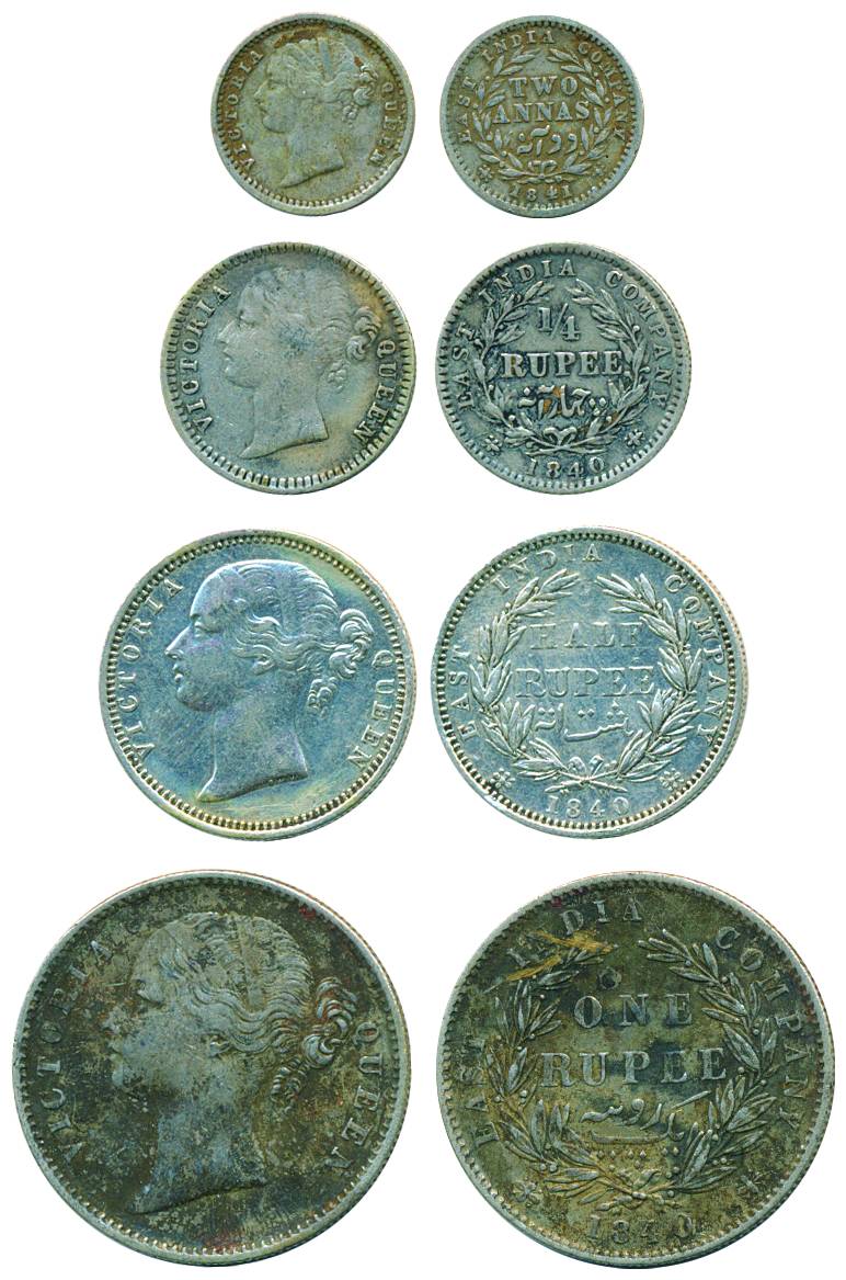 Victoria Queen, Divided Legend, Silver, Rupee, ½ Rupee and ¼ Rupee and 2 Annas, 1840-1841.