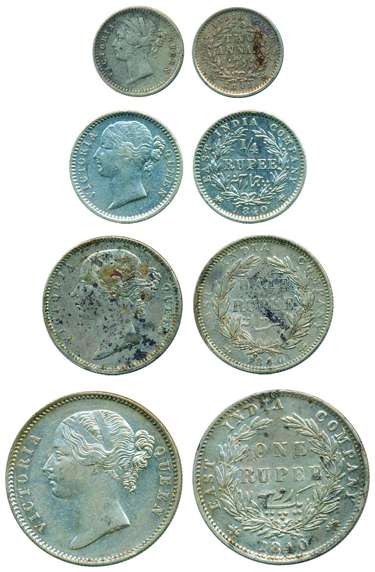 Victoria Queen, Divided legend, Silver, Rupee, ½ Rupee, ¼ Rupee and 2 Annas, 1840-1841. Ve