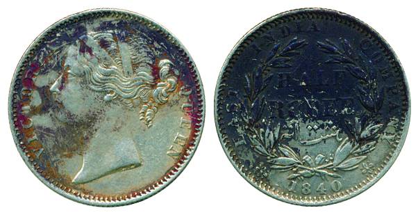Victoria Queen, Divided Legend, Silver, Rupee, ½ Rupee, Calcutta mint, 1840, WW incused, 2