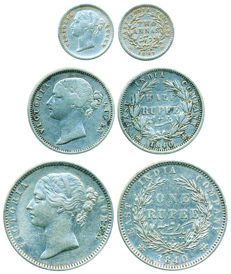Victoria Queen, Divided legend, Silver, Rupee, ½ Rupee and 2 Annas, 1840-1841. About Very 